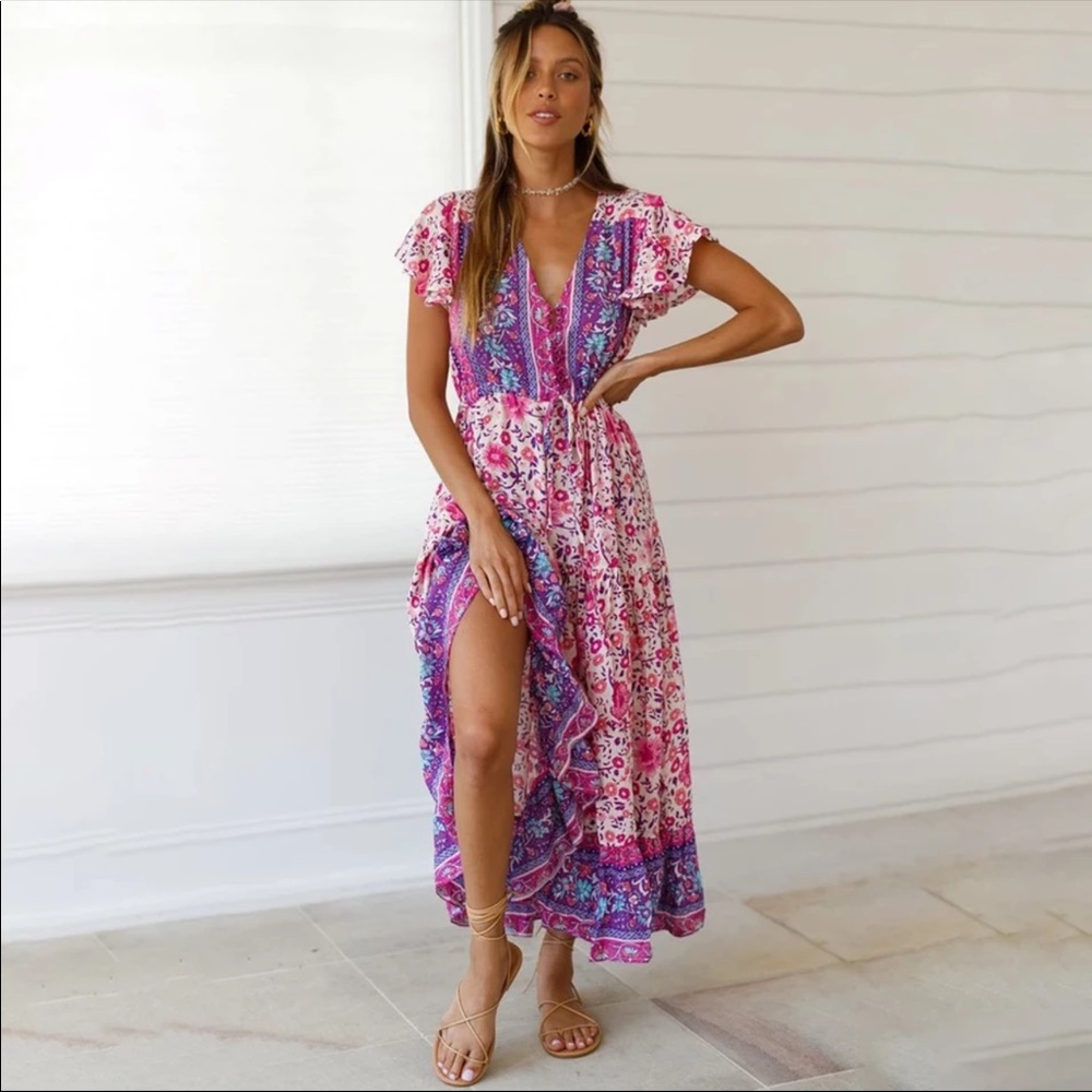 Girly Pink Boho Floral Gypsy Print Maxi Dress - Picture 3 of 11